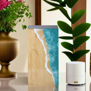 โกศไม้ที่ระลึกกับศิลปะเรซิ่นมหาสมุทร | ทำด้วยมือสำหรับมนุษย์และขี้เถ้าสัตว์เลี้ยง | แกะสลักของที่ระลึกจาก ayaans - Product Image 1