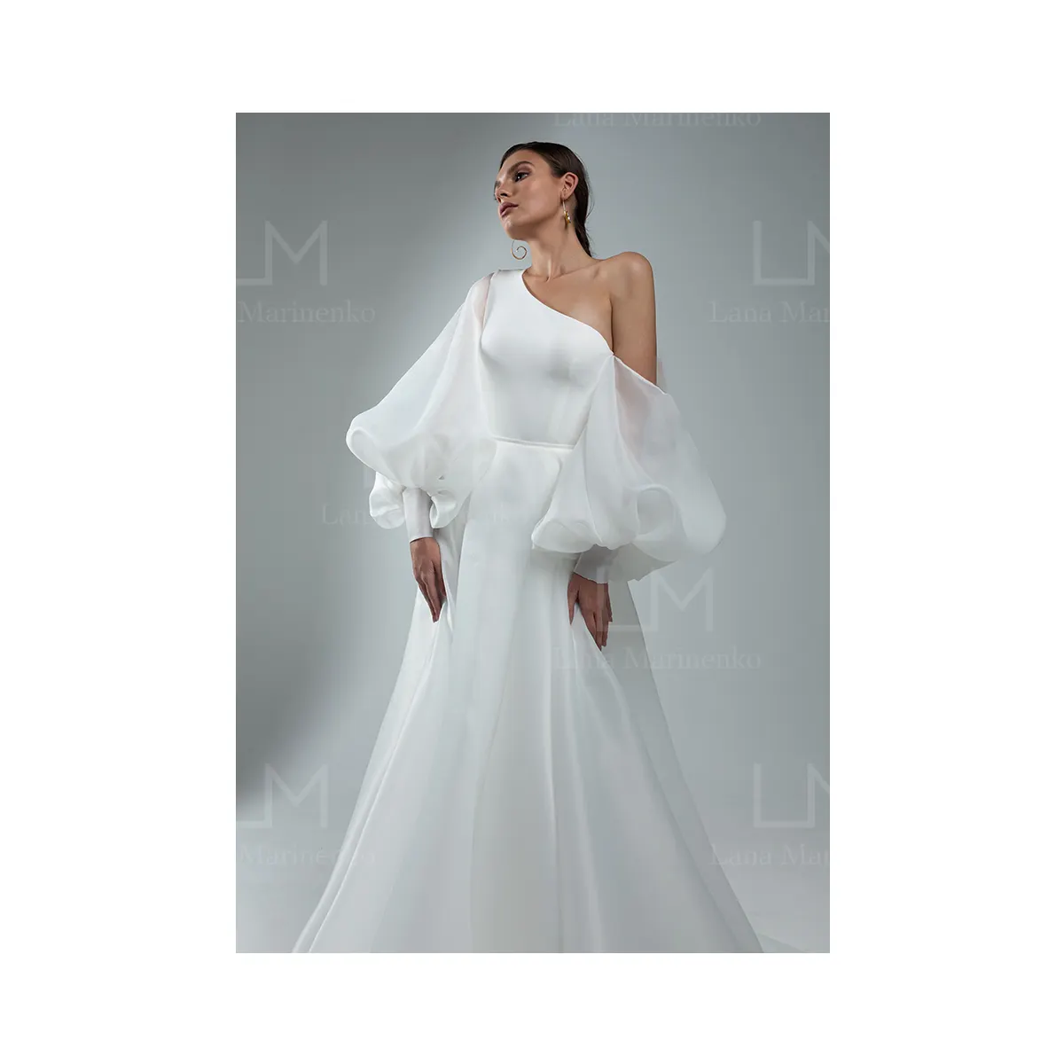 Elegant 2 in 1 dress with detachable skirt one-shoulder light matte taffeta fabric "Lina" wedding gown wedding dress for bride
