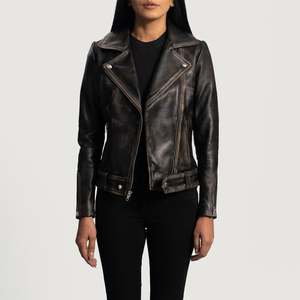 Veste de motard en similicuir marron Rumy avec motif vieilli, col montant en tissu satiné - pour toutes les saisons - Product Image 1