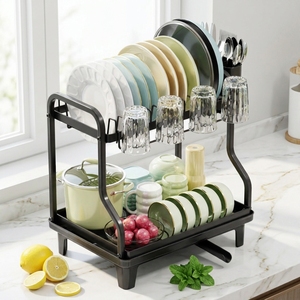 WIREKING Escurridor de Platos Metálico de 2 Niveles con Bandeja Antigoteo y Porta Cubiertos para Cocina - Product Image 1