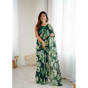 Sari traditionnel imprimé en georgette Foux avec motif et travail de miroir, chemisier à séchage rapide, prêt à porter pour toutes les saisons, non cousu - Product Image 1