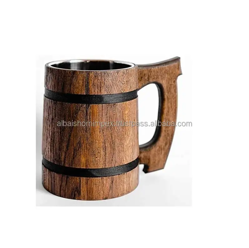 Wood Beer Mug 500 to 600 ml Stainless Steel Cup Souvenir Handmade Rustic barrel 3d Eco-friendly Tankard