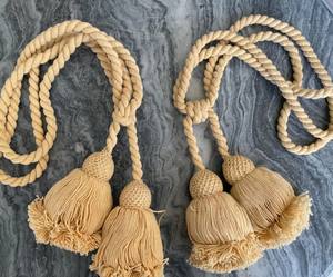 Two large <b>vintage</b> <b>curtain</b> tassel tiebacks in creme beige cotton - Product Image 1