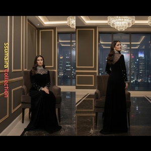 Trends by Cp Presenta Vestido Maxi Negro de Terciopelo al por Mayor con Trabajo Nagina y Cuello Alto - Colección de Invierno - Product Image 2