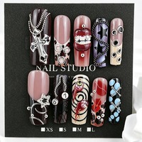 HYC-DZ-1762 Faux Ongles à Presser Halloween Punk Style Gothique Sombre 3D Réutilisables Personnalisables Vente en Gros