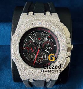 Sparkling Round Brilliant Cut Real Moissanite Diamonds Buss Down Hip Hop Chronograph With Black Rubber Band <b>Watch</b> For Men - Product Image 2