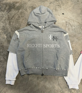 Sudadera con Capucha y Cremallera para Hombre con Logotipo Bordado en el Pecho |   Sudadera con Detalles Desgastados |   Sudadera Informal de Manga Larga con Contraste de Color para Calle - Product Image 1