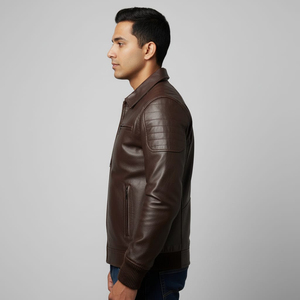 Premium Coated Canvas <b>Leather</b> Bomber <b>Jacket</b> with Stand Collar Classic Zip-Up Design & Contrast Sleeves-Winter Ready - Product Image 3