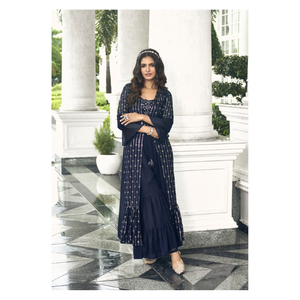 Modern <b>Stylish</b> Silk <b>Indo</b> <b>Western</b> <b>Dress</b> with Elegant Embroidery and Sequence Work for Wedding Festive Party Wear - Product Image 1