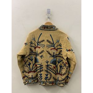 Veste en coton artisanale Saffron Garden, style Prairie Chic, avec points de chaînette, couleur moutarde poussiéreuse et indigo, pour la saison printanière, finition soignée - Product Image 3