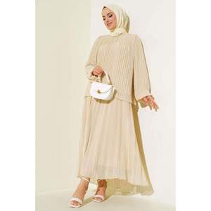 Pleated <b>Chiffon</b> <b>Skirt</b> 2 Piece Set Beige - Product Image 3