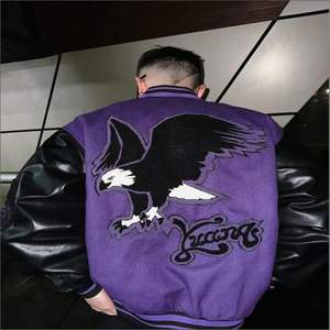 Best Quality High Street Vintage Purple Varsity <b>Jacket</b> <b>Men</b> Women PU <b>Faux</b> <b>Leather</b> Sleeves Winter Bomber Front Embroidery Nylon - Product Image 4