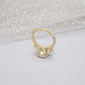 IGI Certified Three Stone Cushion Cut Engagement <b>Ring</b> with Pave Band Yellow Gold <b>Diamond</b> <b>Rings</b> - Product Image 3
