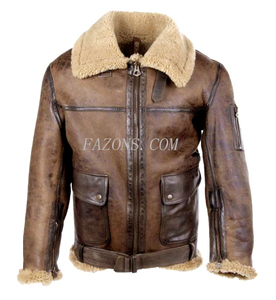 Mens Flight B3 Bomber Shearling Leather <b>Jacket</b> Aviator Real Sheepskin Distressed Warm filling Fur Biker Style Leather <b>Jacket</b> - Product Image 2