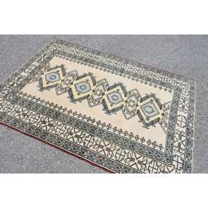Traditional Beige <b>Black</b> Patchwork Wool <b>Rug</b> 4.6 X 6.4 ft Handmade Turkish Rectangle Hallway for Living Room Bedside <b>Rugs</b> Latex - Product Image 2