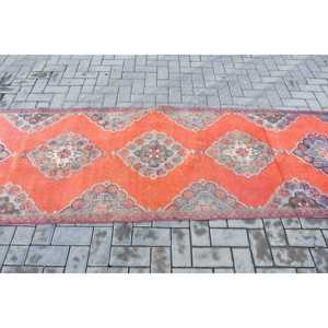Turkish <b>Runner</b> Rug 3.1x10.2 ft, <b>Red</b> Blue Floral Rug Wool - Product Image 3