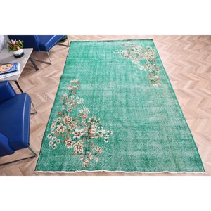 Tapis turc vintage 5,8x9,1 pi (177x277 cm) en laine verte patchwork avec envers en latex - Product Image 4