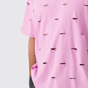 T-shirt en détresse avec lavage à l'acide pour hommes 100% coton t-shirts surdimensionnés Logo imprimé personnalisé T-shirt de couleur rose vintage pour hommes - Product Image 5