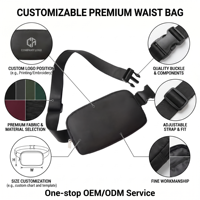 Sac banane noir minimaliste personnalisé en nylon imperméable avec fermeture éclair métallique lisse, sac de taille fonctionnel, vente en gros
