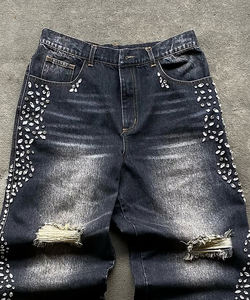 กางเกงยีนส์ทรงขาบานแบบวินเทจ ยี่ห้อ LEMBRO INDUSTRY ผ้าเดนิมเนื้อแน่น สีซันวอช ระบายอากาศได้ดี เหมาะสำหรับฤดูใบไม้ร่วงและฤดูหนาว สไตล์สตรีทแวร์ ประดับเพชรและคริสตัล รับผลิตแบบ OEM - Product Image 6