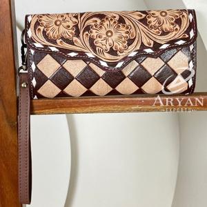 Portefeuille long en cuir véritable à carreaux, style occidental, fait main, avec protection RFID, vente en gros, porte-cartes à poignet pour femmes, pochette - Product Image 1