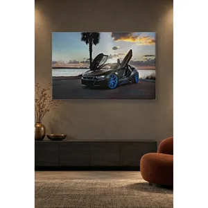 Impression sur toile Fida BMW i8 avec portes papillon ouvertes au coucher du soleil - Product Image 4