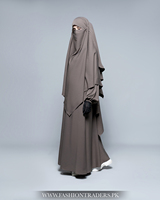 Abaya islamique haut de gamme OEM en polyester et laine, couleur taupe foncé, respirante, confortable, coupe ample, pour usage quotidien, longueur au sol, manches ballon