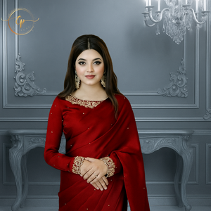 Tendencias Cp presenta Vintage Maroon trabajo hecho a mano seda Saree Anarkali longitud del suelo Reversible sin arrugas para bodas graduaciones - Product Image 2