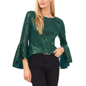 Vince Camuto Women's Straight Silhouette Green <b>Top</b> with <b>Sequin</b> Bell Sleeves Size Medium - Product Image 1