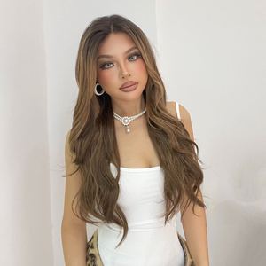 Mocca-DWY 136 <b>Long</b>-Length Wavy Brown Synthetic <b>Wig</b> with Light Brown Lace Free Part and Highlights <b>Long</b> Curly Style - Product Image 3