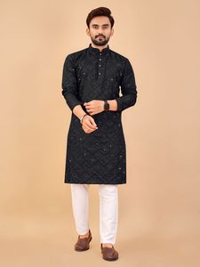 Pijama Kurta bordado de tela de algodón especial para festivales para hombres, nueva venta en línea, ropa India pakistaní con trabajo de espejo - Product Image 3