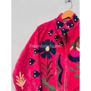 Wholesale <b>Velvet</b> Suzani Quilted <b>Jacket</b> Open Stitch Stand Collar Floral Embroidery Unisex Autumn Winter <b>Jacket</b> - Product Image 3