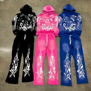 Custom Streetwear Sweatsuit Baggy Flared <b>Sweatpants</b> Jogger ZipUp Hoodie Set Oversized Men Acid Wash <b>Woman</b> Tracksuit Manufacturer - Product Image 1