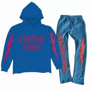 Custom Streetwear Joggers Sweatsuit Fashion Pullover 3D Puff Print Distressed Hem Hoodie Stacked Sweatpants Men Set - Product Image 5