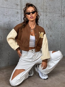 Mesdames 100% Coton Laine Varsity Crop Top Jacket Femmes Cropped Varsity Jackets Wholesale Custom Baseball Letterman Women's Jacket - Product Image 5