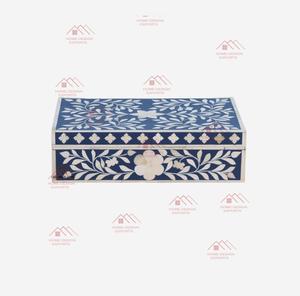 Boîte en bois sculptée à la main avec incrustation d'os, couleur bleue, boîte à bijoux avec incrustation d'os - Product Image 1