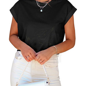 T-shirts courts d'été pour femmes à manches courtes décontracté couleur unie hauts courts roulés manches Dolman cou t-shirts de base - Product Image 3