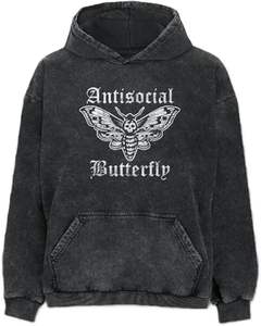 Pull à capuche oversize vintage délavé à l'acide, imprimé, ourlet brut, déchiré, tendance pour femmes 2024 - Product Image 1