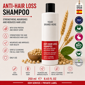 Champú Anticaída de Cabello de Marca Privada 250ml OEM |   Champú Fortalecedor para el Crecimiento del Cabello con Soya y Germen de Trigo |   España UE - Product Image 1