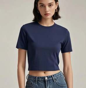 Conception de sérigraphie personnalisée col rond col montant Slim Fit Crop Top T Shirt grande taille vierge couleur unie Sexy femmes T-Shirt - Product Image 2