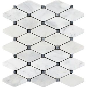 Mosaico de piedra moderno con diseño de flor de agua, pulido en blanco lechoso, con detalles en amarillo claro y negro para pared interior de baño. - Product Image 5