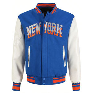 แจ็คเก็ตเบสบอลทรงบอมเบอร์สำหรับผู้ชาย คอตั้ง ปักโลโก้ด้านหน้า ผ้าผสมขนสัตว์ แขนหนัง PU แต่งขอบถัก ระบายอากาศ กันลม - Product Image 1