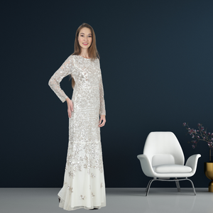 Robe de soirée longue à paillettes ivoire ornée de paillettes douces de qualité supérieure avec des perles brillantes parfaites pour la soirée dansante ou l'événement de célébration - Product Image 1