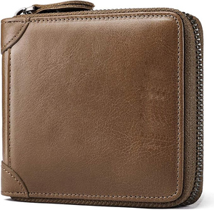 Portefeuilles courts en cuir kaki véritable OEM avec fermeture à glissière de haute qualité Logo personnalisé Capacité multi-cartes Tannage végétarien - Product Image 1