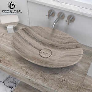 อ่างล้างหน้าหินอ่อนทราเวอร์ทีนสีเงินเทาสุดหรู อ่างหินธรรมชาติสำหรับห้องน้ำ ดีไซน์ทันสมัย ลายเส้นสวยงาม สำหรับวางบนเคาน์เตอร์ในห้องน้ำ - Product Image 1