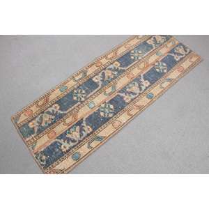 Tapis turc vintage, tapis de 1,3 x 3,6 pieds, tapis en laine bleu à motifs floraux - Product Image 3