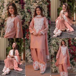 Soie de Satin terne pur avec travail de broderie à la main Style Lucknowi magnifique couleur motif de manches fantaisie trois pièces Salwar Kameez - Product Image 6