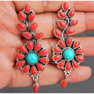 925ต่างหูเงินสเตอร์ลิงทำด้วยมือทันสมัยเครื่องประดับแฟชั่นปะการังเทอร์ควอยซ์ธรรมชาติสำหรับเด็กผู้หญิงผู้หญิงของขวัญ E0236-GS - Product Image 4