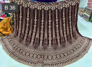 Modern Maroon Velvet <b>Lehenga</b> with Jarkan Work Long Choli & Net Dupatta Double Can Design for <b>Wedding</b> Season Party Winter Summer - Product Image 2