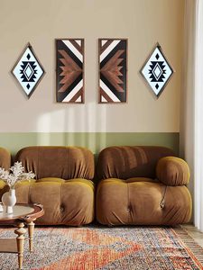 2Pcs Aztec Wood Wall Decor Southwest Nursery Kitchen Boho Cyan Black Wall Art Modern Vintage Geometric Farmhouse Rectangle Frame - Product Image 6